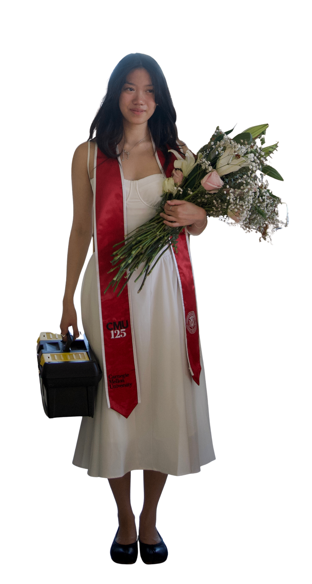 Katherine holding flowers and a toolkit