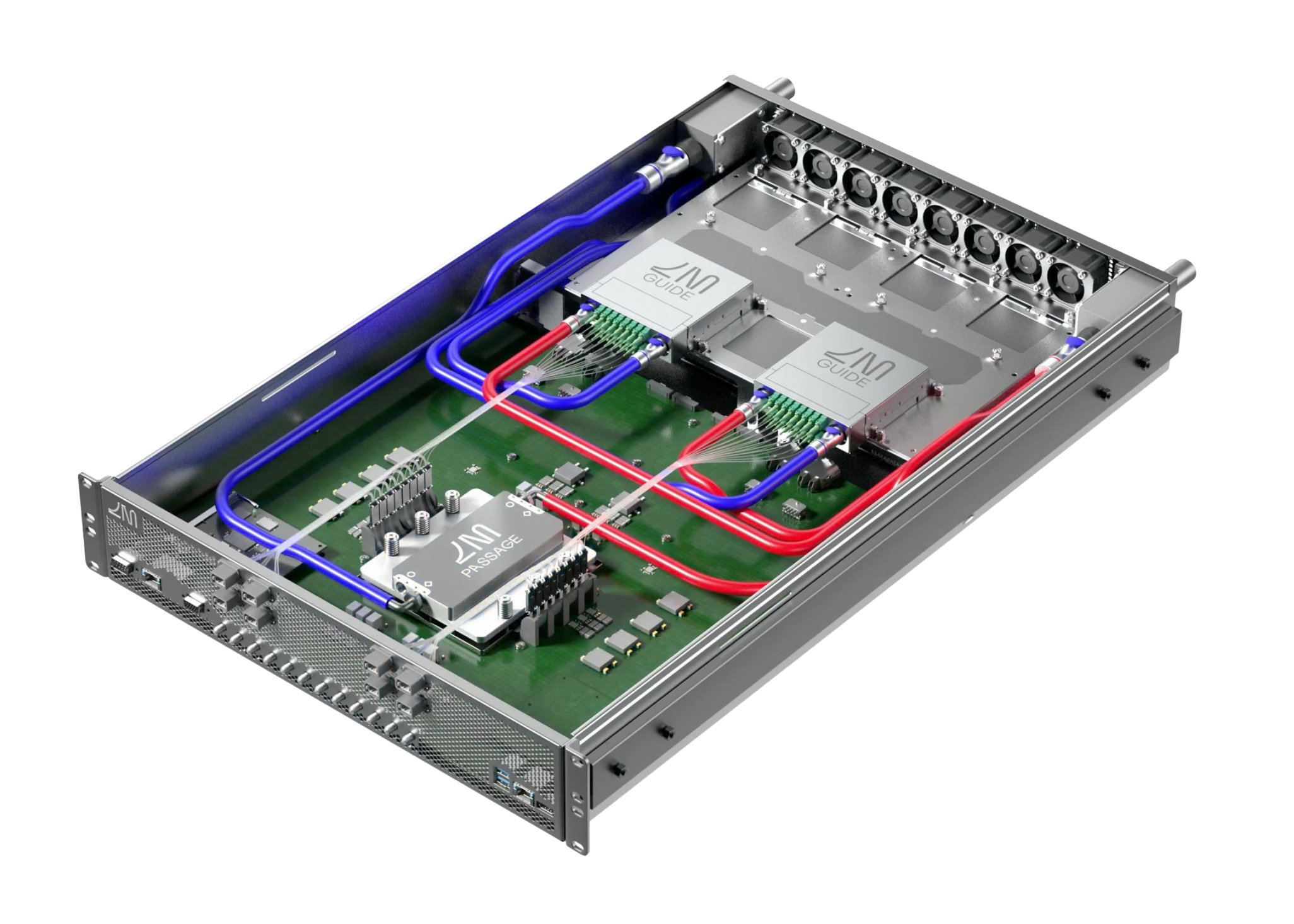 Lightmatter photonic computing rack showing Passage and Guide modules with fiber optic interconnects