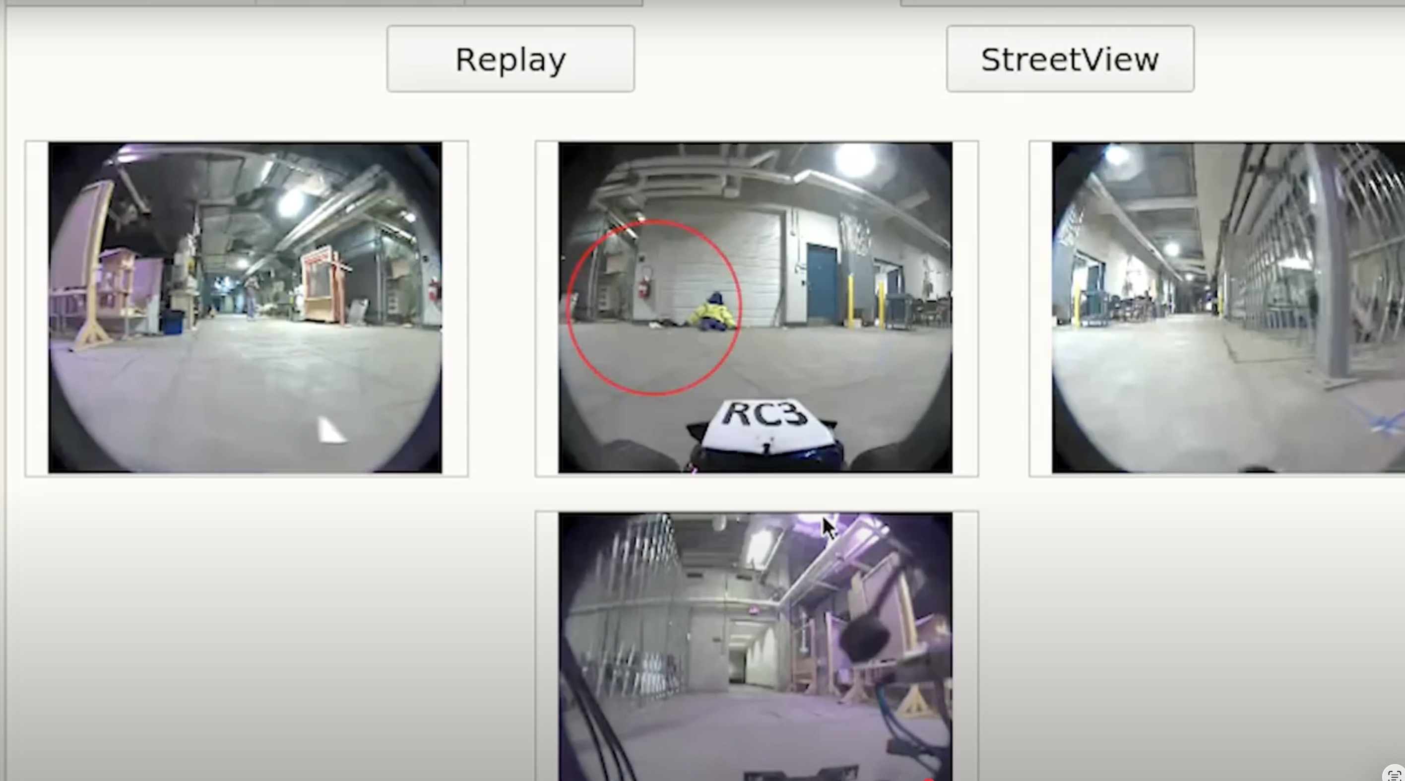 Multi-camera replay grid showing RC3 fisheye feeds across three simultaneous viewpoints